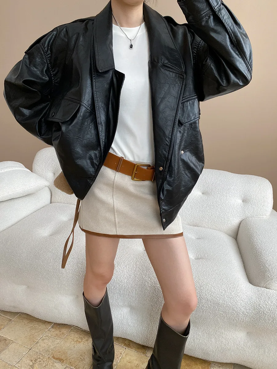 PU 가죽 이중 레이어 칼라 디자인, 루즈핏 가죽 재킷