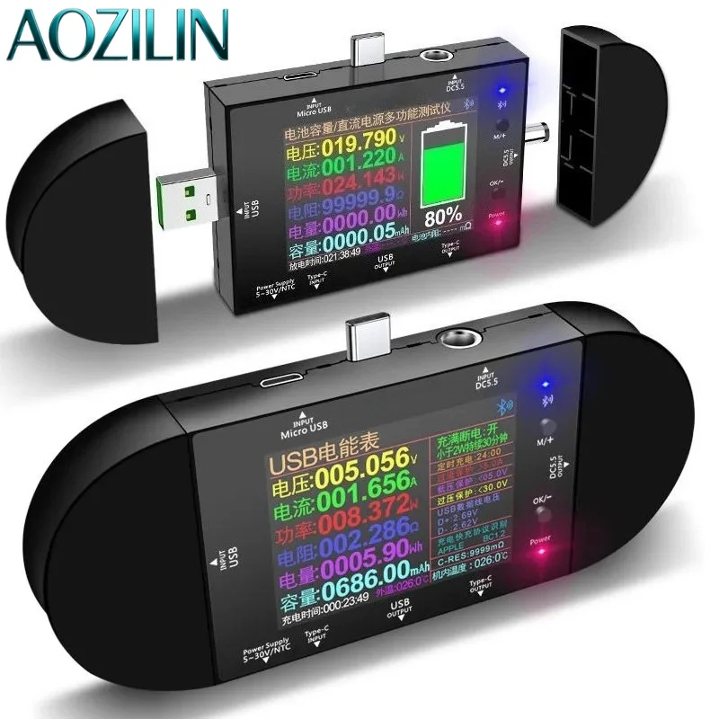 AOZILIN UD24 USB Tester DC Voltmeter Ammeter Digital Power Meter for Phone Charger Power Bank Safety Test Tool