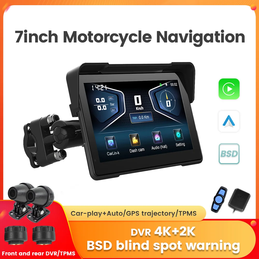 Portable 7inch IP67 Waterproof Motorcycle GPS Navigation BSD Blind Spot system Moto Carplay Auto 4K+2K DVR Drive Recorder TPMS