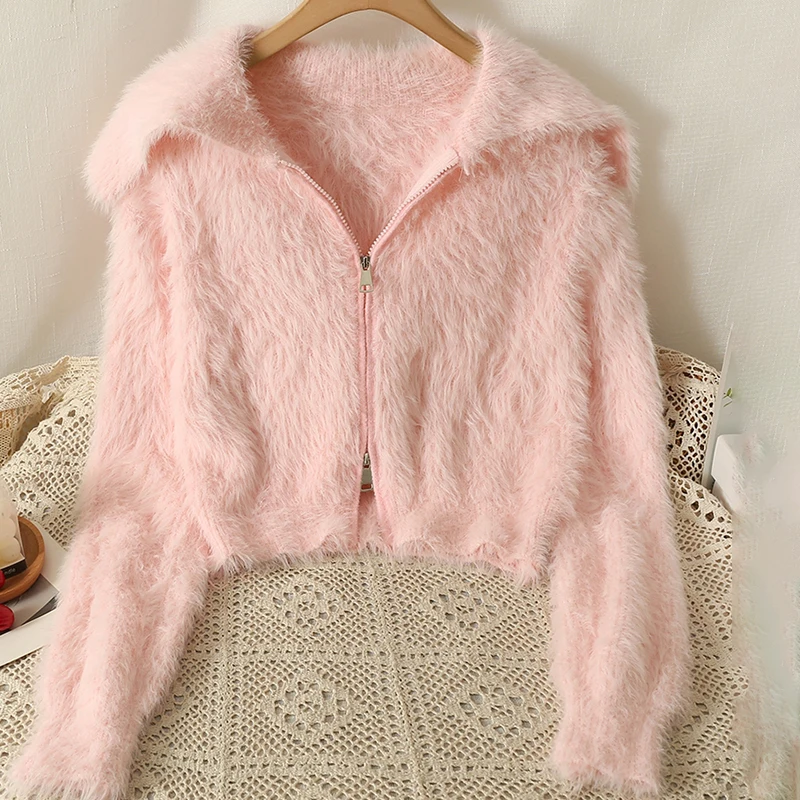 Female Outerwear Top Loose Zipper Sweater With Turn-down Collar Spring And Autumn Women's Versatile Fluffy Knitted Cardigan