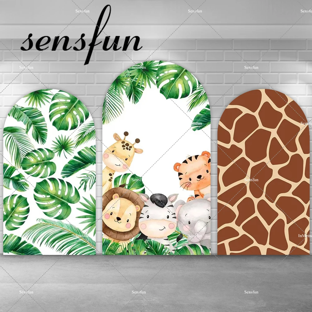 

Boys Safari Jungle Birthday Party Arch Backdrop Cover Animals Green Leaves Giraffe Print Photography Background Doubleside