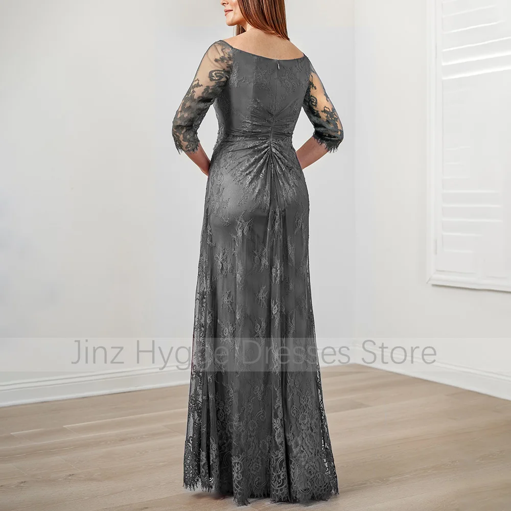 Elegant Mother of the Bride Dresses Gray Lace 3/4 Sleeves Wedding Guest Gowns for Women A Line Crystals Pleats Scoop Formal Gown