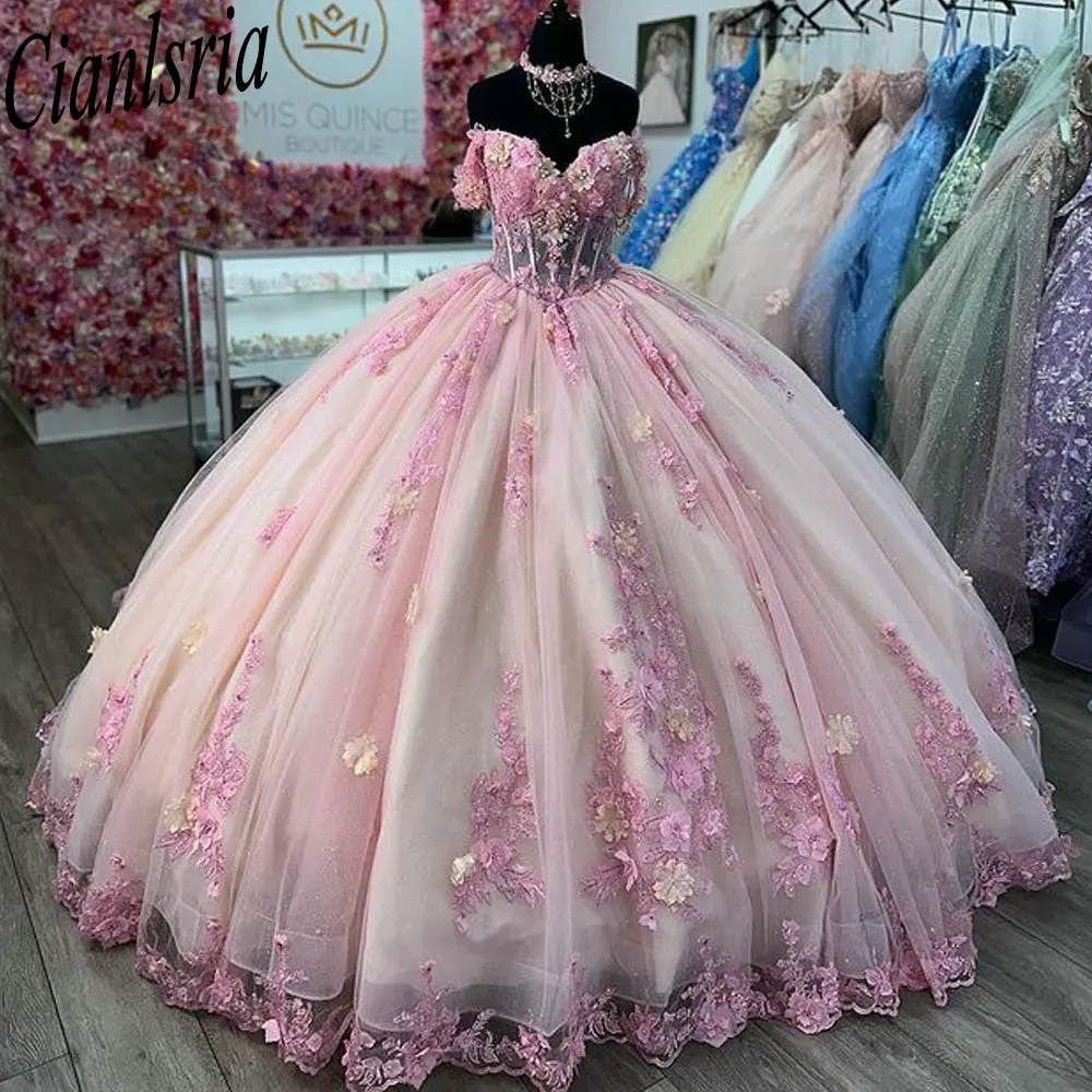 Ilusão rosa fora do ombro vestidos quinceanera vestido de baile 3d flores apliques rendas personalizado espartilho vestidos de xv anos