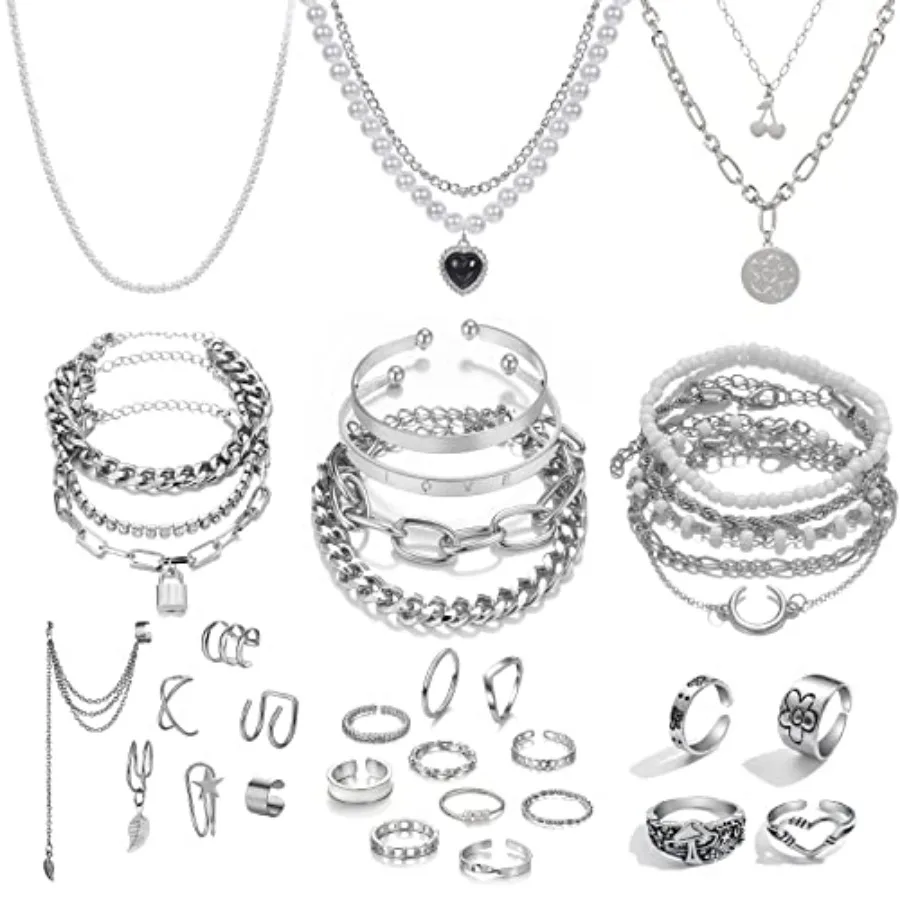 

IFKM 36 PC Silver Plated Jewelry Set With 3 Necklace, 12 Bracelet, 7 Ear Cuffs Earring, 14 Knuckle Rings For Women Girls Valent