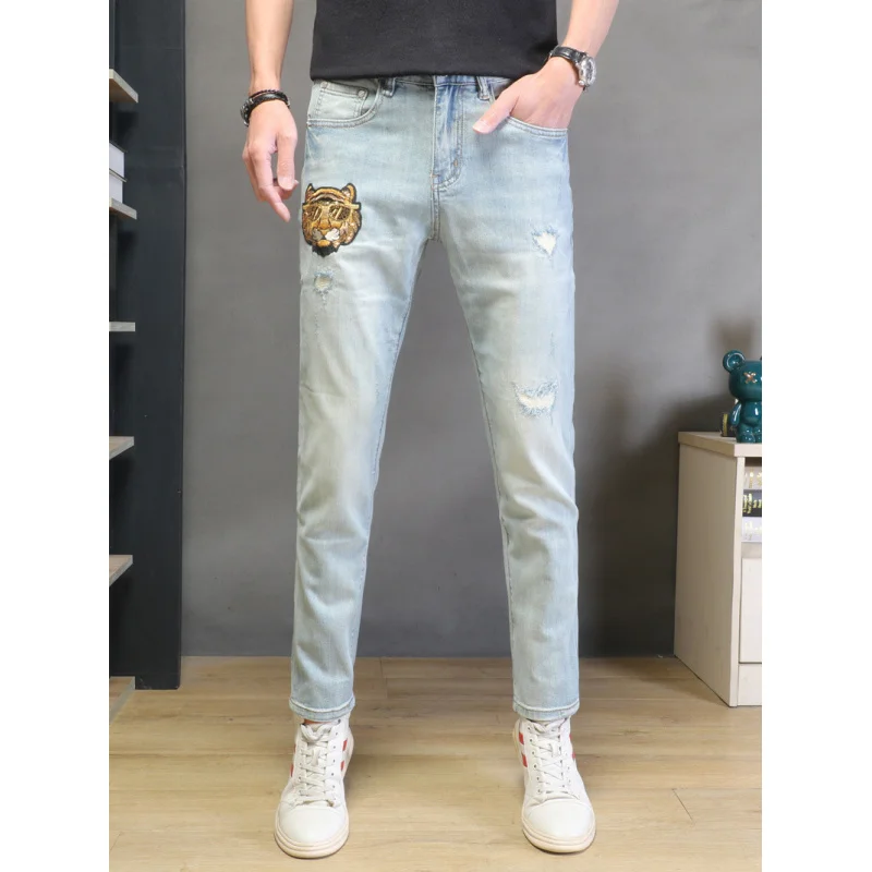 

2026 Spring Summer New Fashion Embroidery Light Blue Jeans Men Ripped Slim Fit Skinny Stretch Casual Pants