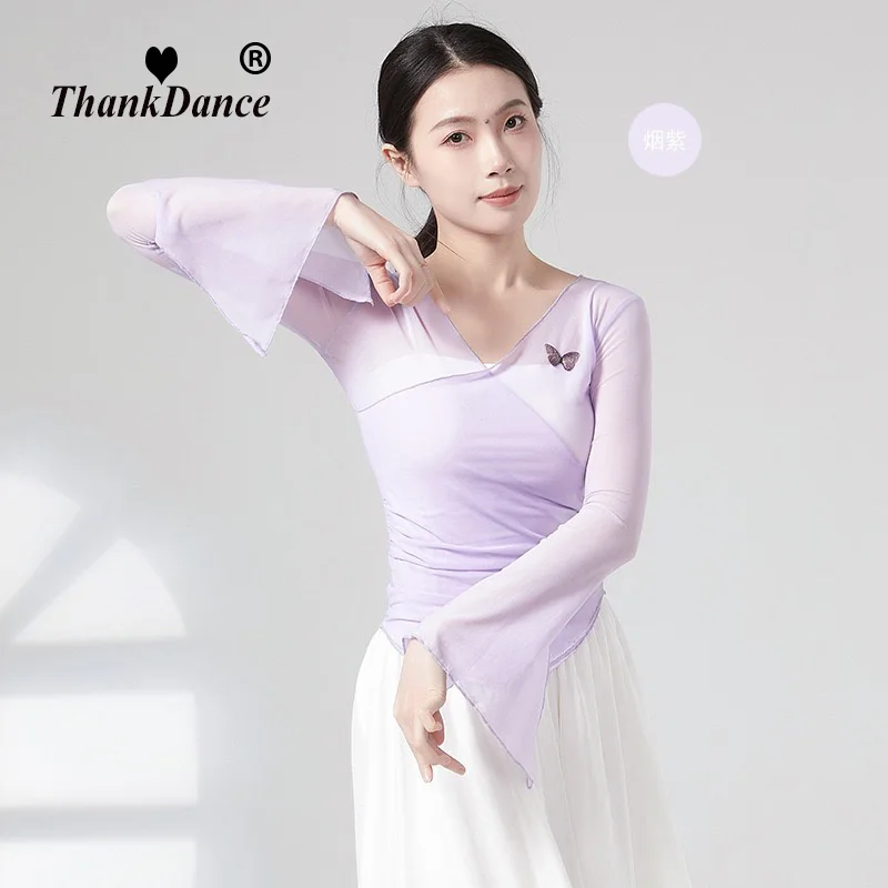 Classical Dance Gauze Mesh Top Long Horn Sleeve Shirt Flowy Body Rhyme Casual Blouse Cloth Performance Costume Dancewear Top New