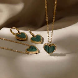 WILD & FREE Vintage Green Malachite Heart Bracelet Earrings Necklace Jewelry Set 18K Gold Plated Stainless Steel Jewelry