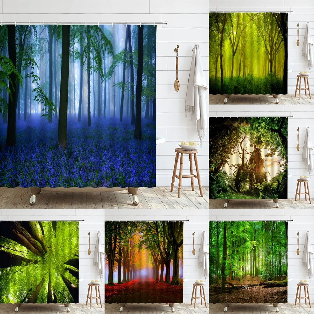 Forest Shower Curtain Mystical Fantasy Woodland Fog Tall Trees Bushes Natural Scenery Flower Fabric Bathroom Decor Curtains Sets