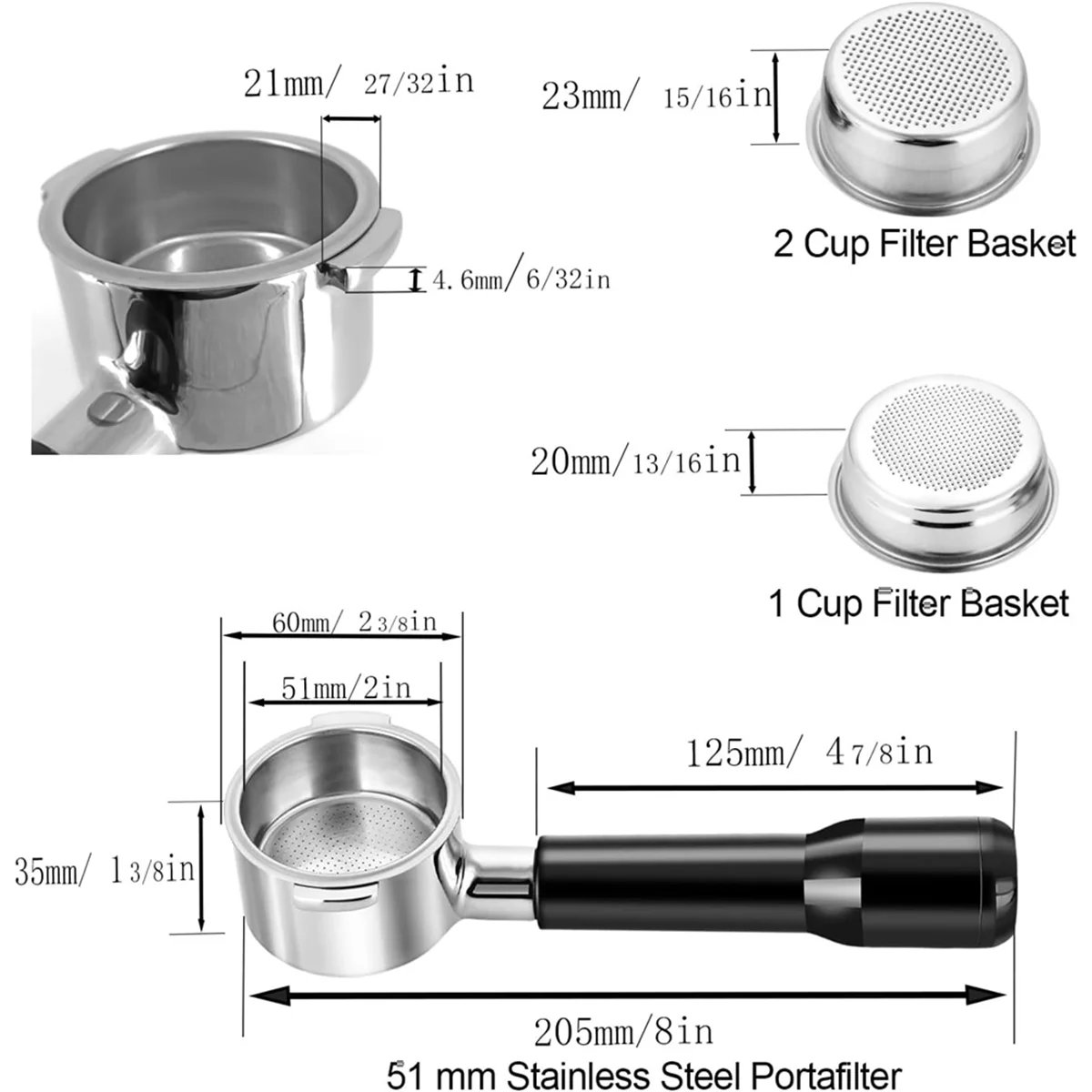 51mm Bottomless Portafilter with 2 Filter Baskets for Delonghi ECO310 / ECP35.31 / ECP3631 Bottomless Naked Portafilter image 3