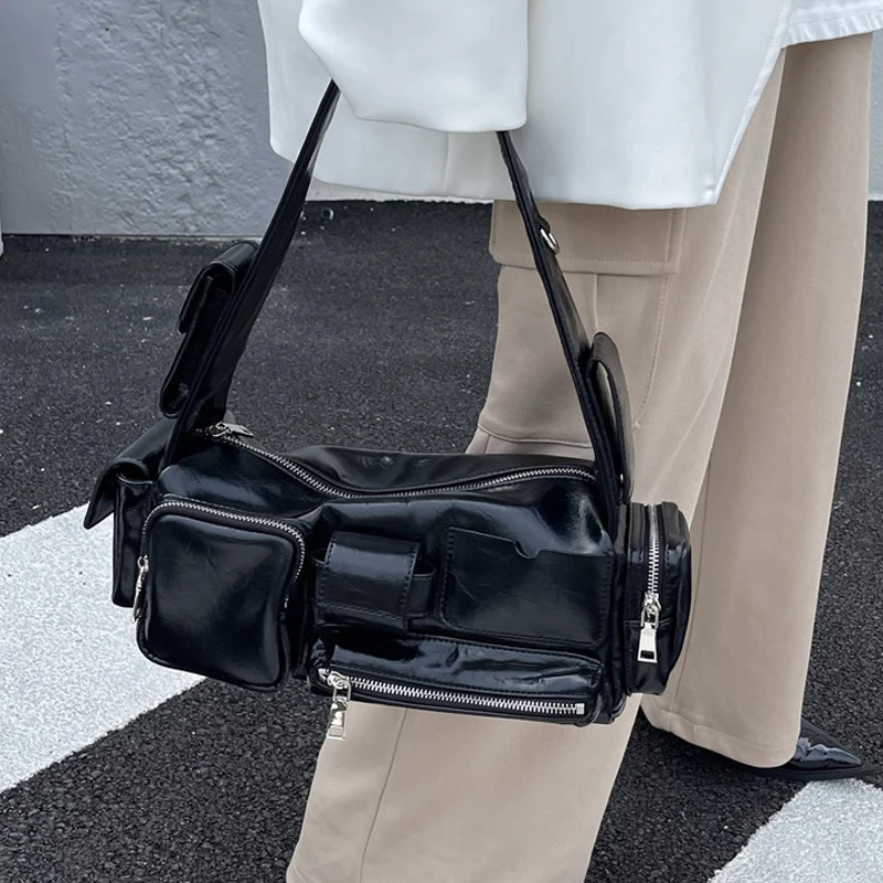 Moto & Biker Underarm Bags For Women Luxury Designer Handbags Purses 2023 New In Personality PU Square Multiple Pockets Shoulder