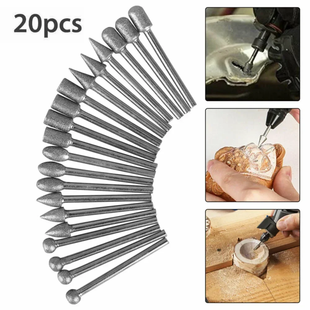 

20pcs Rotary Tool Drill Bits Set 120 Grit Electroplated Diamond Burr Grinding Burrs Drill Bit For Grinding Polishing Engraving