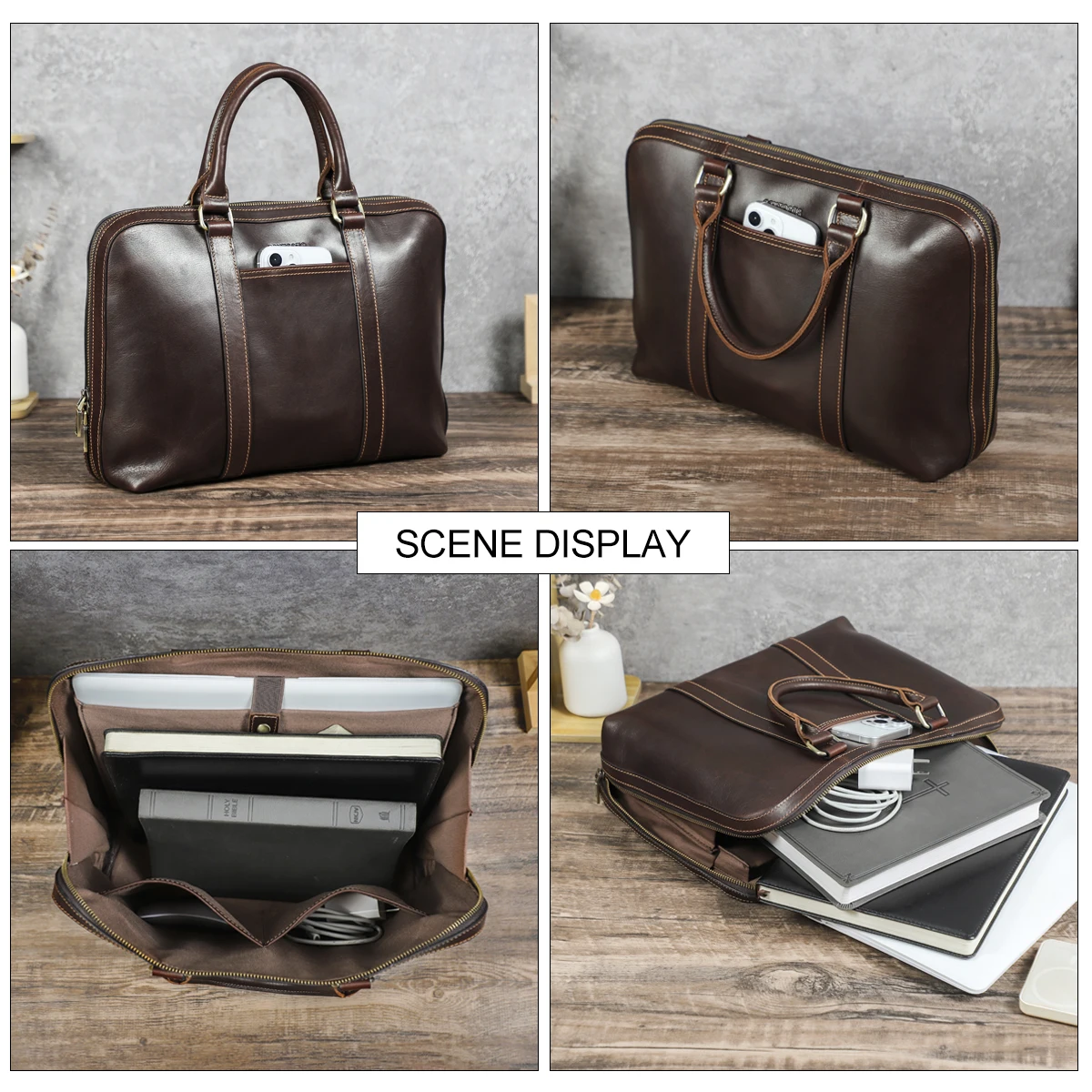 CONTACT'S Genuine Leather Business Bags for Men Small Briefcase Office Portfolio Document Tote Laptop Bags for 13
