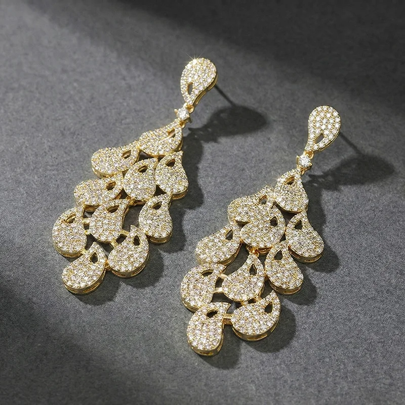 Elegant Gold Plated Multi-tier Water Drop Earrings Sparkly Full CZ Crystal Paisley Dangle Earrings for Party Prom Accessories