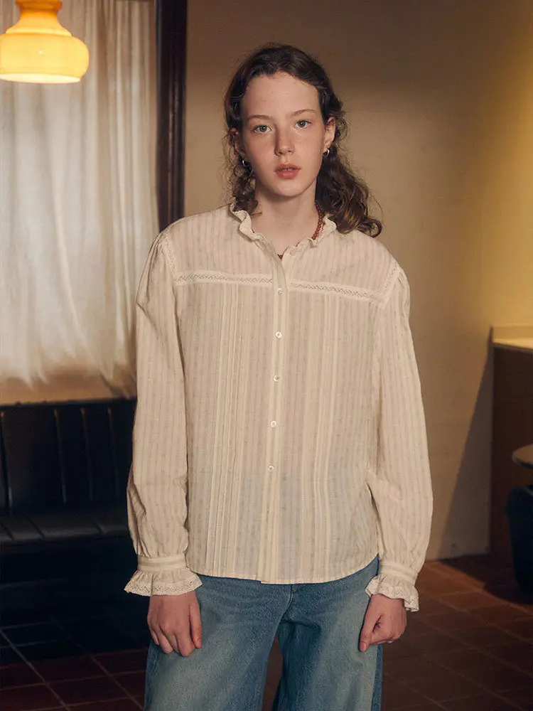 

Casual Loose Fit Stripe Shirt Korean Style Lace Splice Stand Collar Slimming Effect Daily Wear Summer New Arrival Women's Fas...