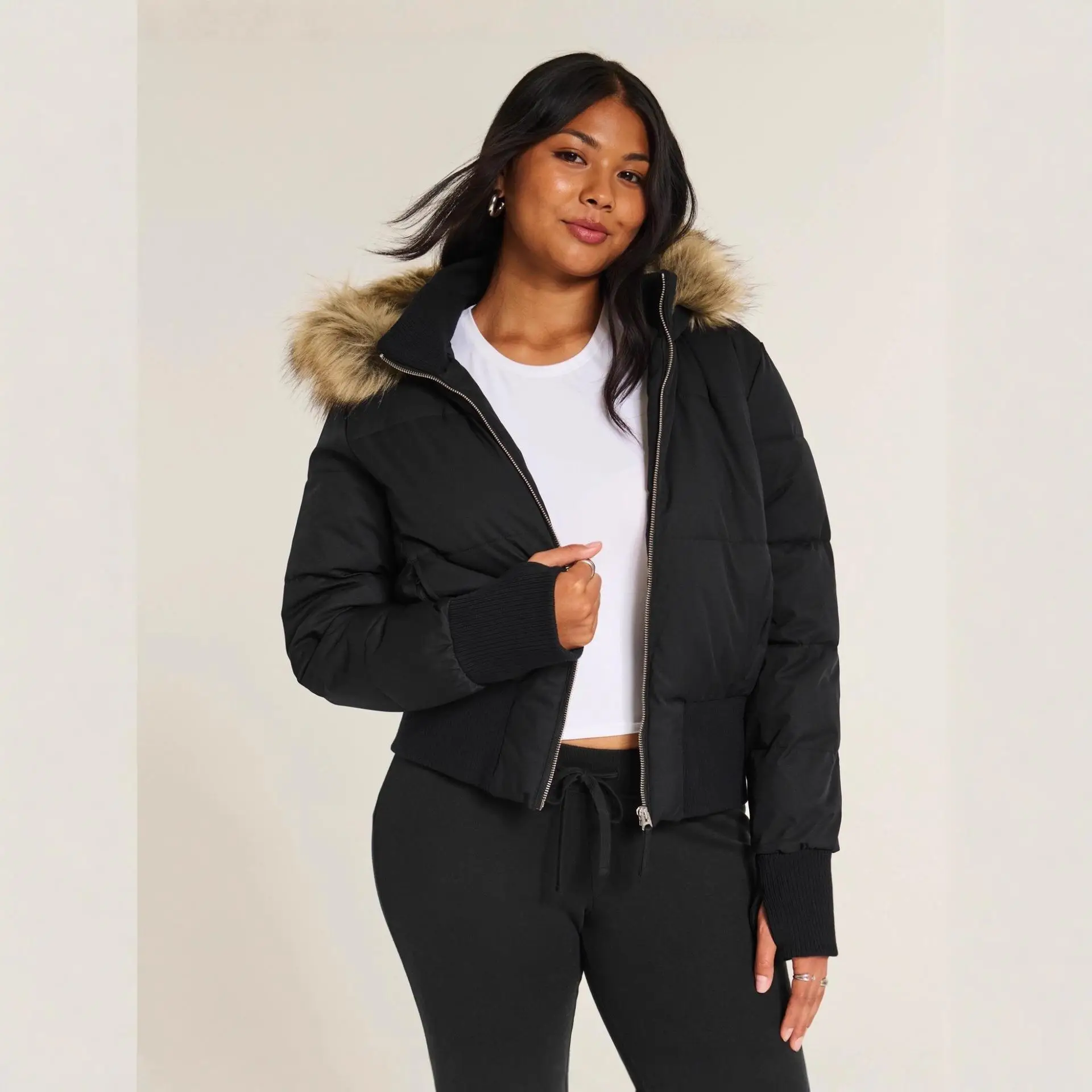 

Faionable Women's Hooded Jaet with Fur Collar Cross-Border Autumn Winter Thiened Long Sve Color Cotton Coat