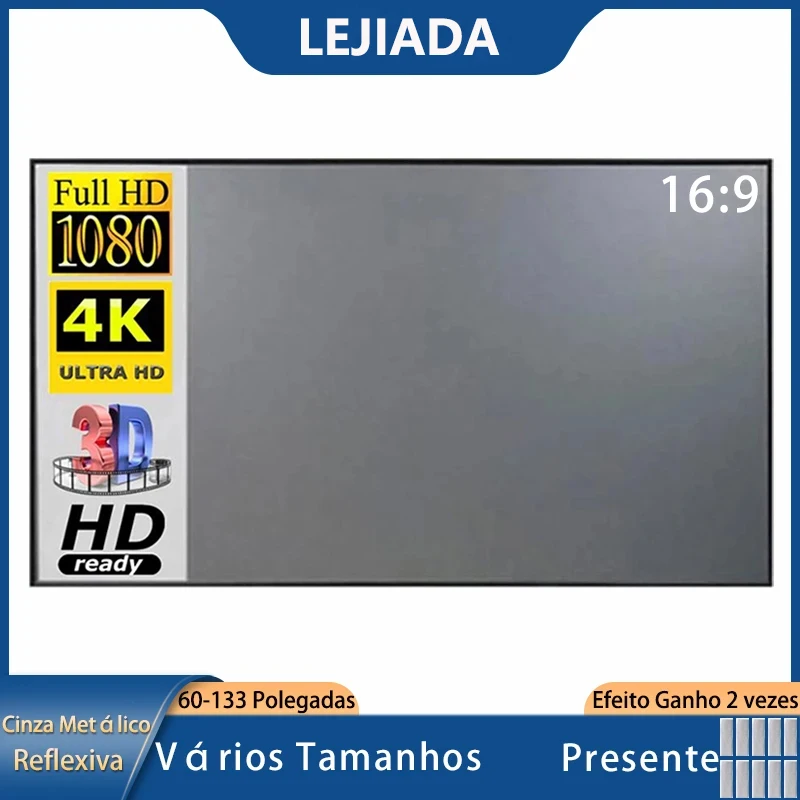 Lejiada tela do projetor metal cinza anti-luz 60-133 Polegada 16:9 dobrável portátil tela reflexiva festa em casa interior ao ar livre