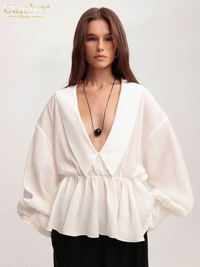 

Clacive Fashion Loose White Women's Shirt 2026 Sexy V-Neck Long Sleeve Lady Shirts Elegant Classic Pleated Top Female Clothing