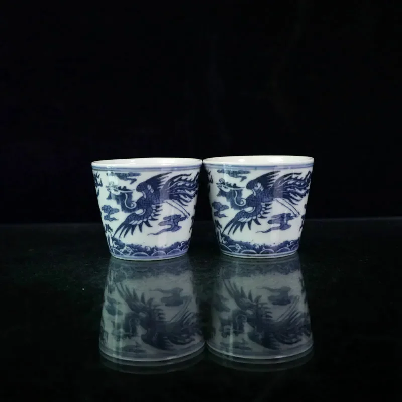 China Jingdezhen Blue and White Porcelain Two Phoenix Pattern Bird Cup Cups Pair