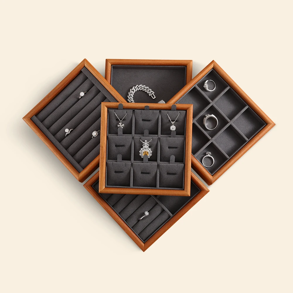 YinBeiNi Beige&Dark Gray Solid Wood Jewelry Display Tray Ring Necklace Earring Bracelet Organizer for Shop Cabinet Exhibition