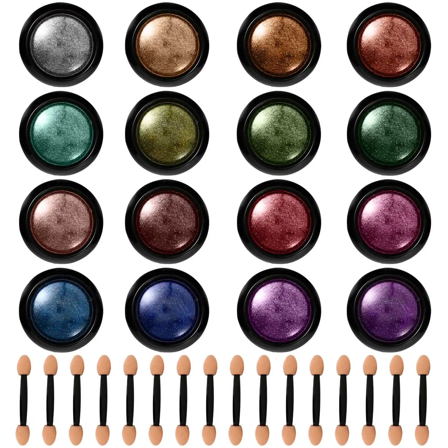 New 16 Jars Chrome Nail Powder Metallic Nail Art Powder Mirror Effect Manicure Pigment with 16 Pcs Eyeshadow Sticks