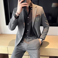 (Jacket + Pants) High End Brand Boutique Solid Color Mens Casual Business Office Suit Groom Wedding Dress Party Blazer Trousers
