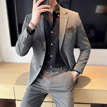 (Jacket + Pants) High End Brand Boutique Solid Color Mens Casual Business Office Suit Groom Wedding Dress Party Blazer Trousers