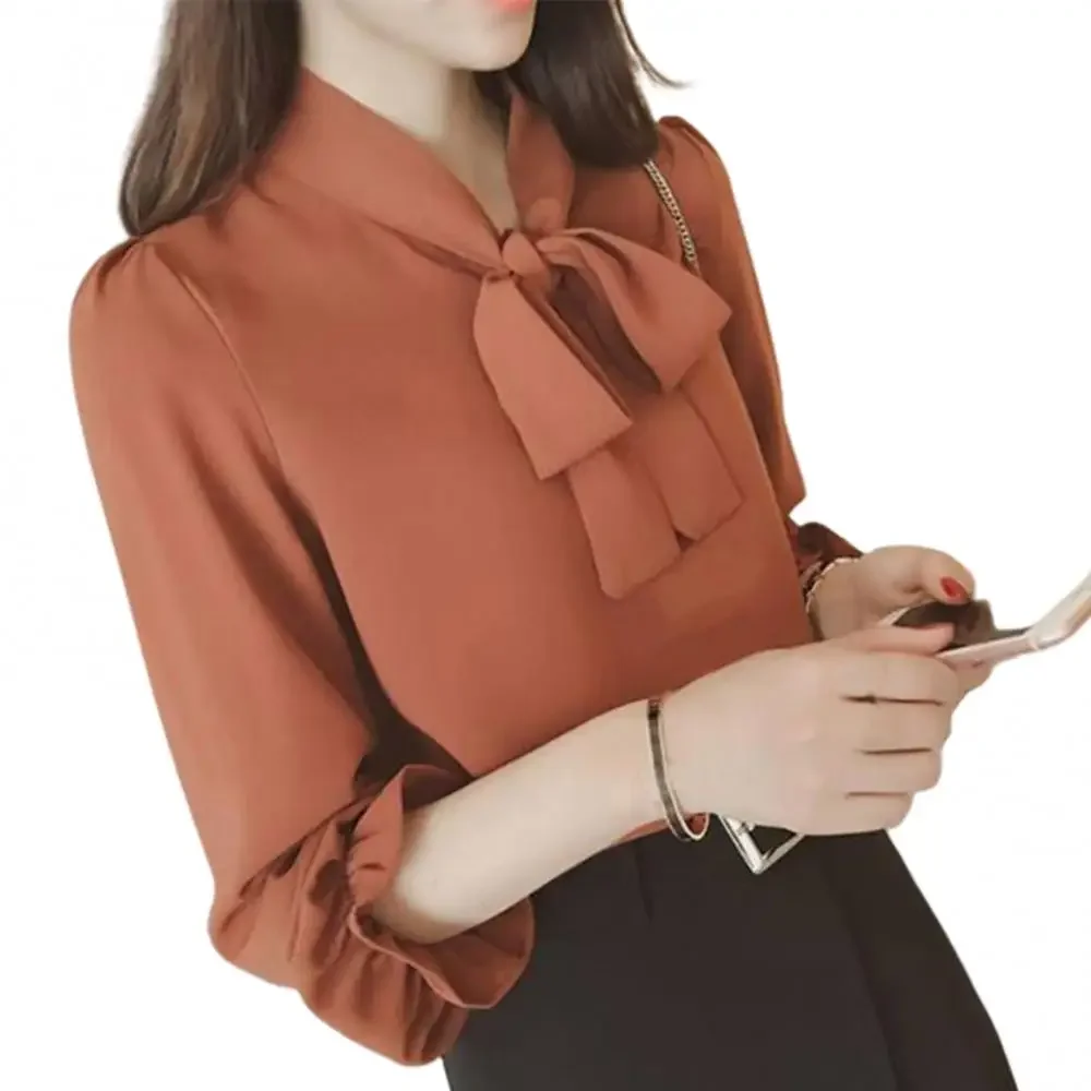 

Women Fashion Solid Color Long Puff Sleeve Blouse Buttons Cuff Necktie Bowknot Pullover