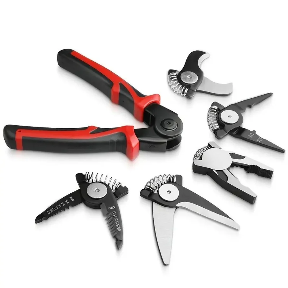 Red 5 In For Multi Tool Pliers Set With Interchangeable Heads For Wire Stripping Crimping Cutting Cable Electrician Hand Tools