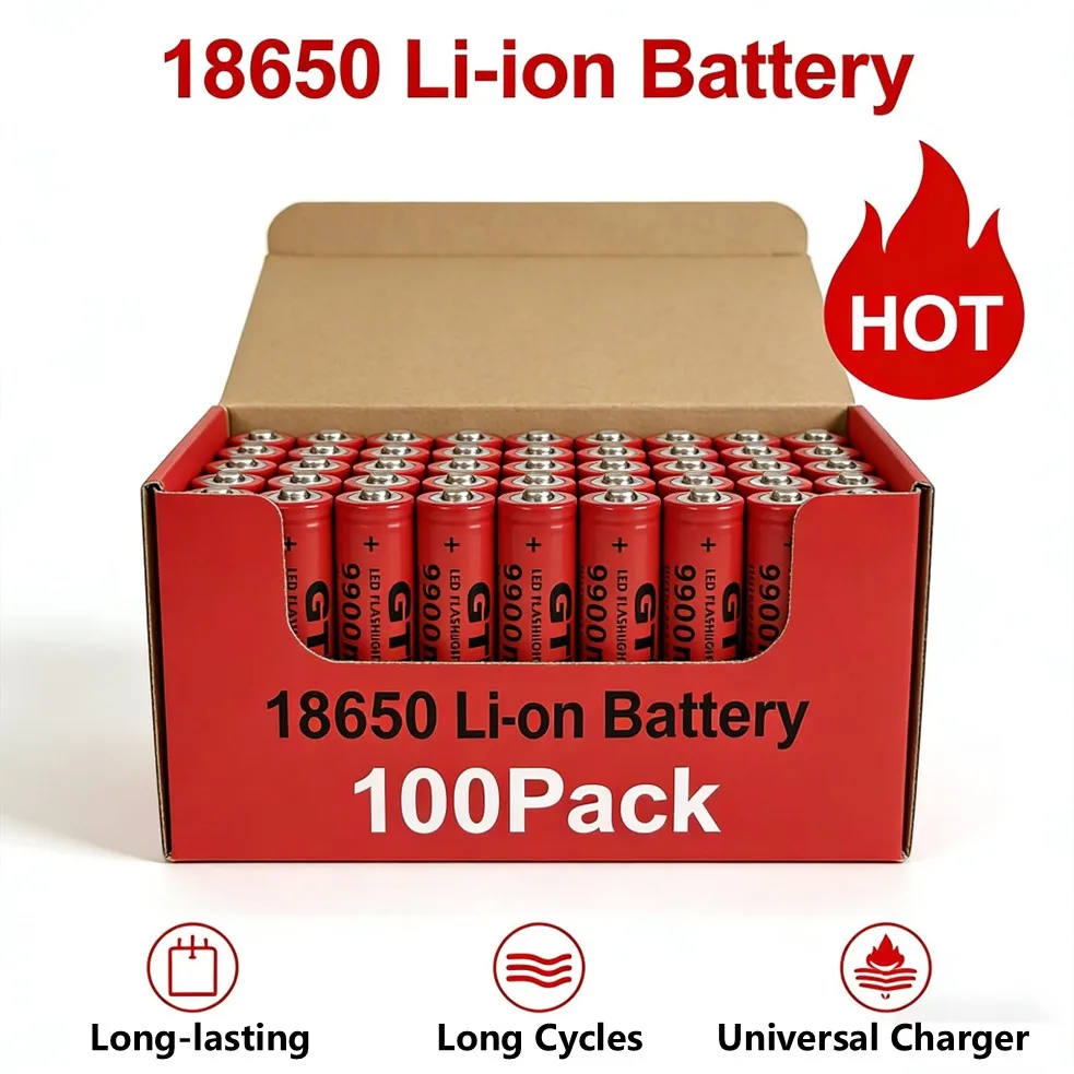 100 Pack 18650 Li-ion Batteries Button Top 18650 Battery Long-lasting No Memory Effect for Home and Office Universal Charger
