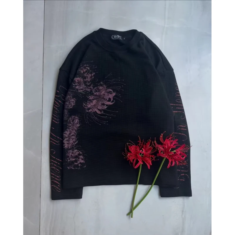 

Waffle Knit Long Sleeve T Shirt Floral Graphic Print Casual Men Women Streetwear Fashion Apparel Comfortable Breathable Top