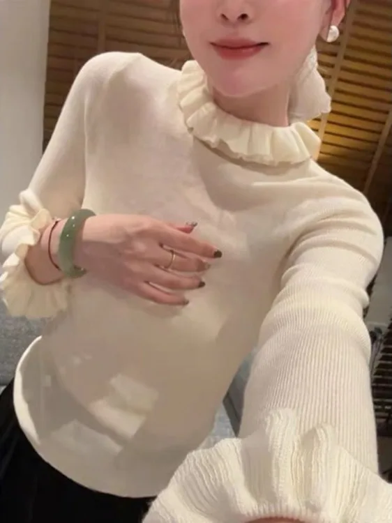 

Sweet Lace Trim Long Sve Knitted Sweater Women's Autumn Winter Layering Slim Fit Soft Base Top f High Collar Knitwear