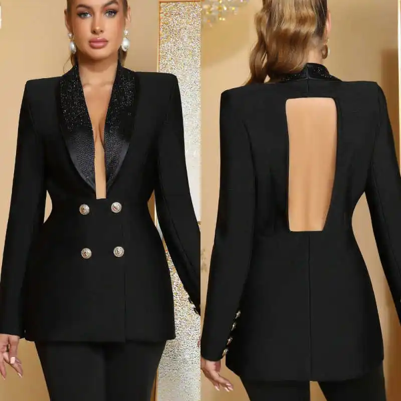 

Sexy Beadeds Suits For Women Shawl Lapel Deep V Neck Backless Office Ladies Work Slim Fit Birthday Party Customized 2 Pieces