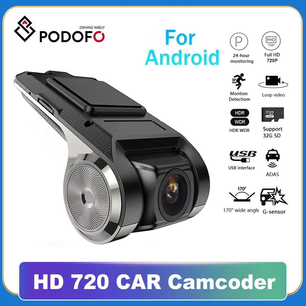 Podofo-Cámara de salpicadero ADAS para coche, grabadora automática para reproductor Multimedia Android, DVD, vídeo HD 720P, USB, tarjeta TF, 16G/32G