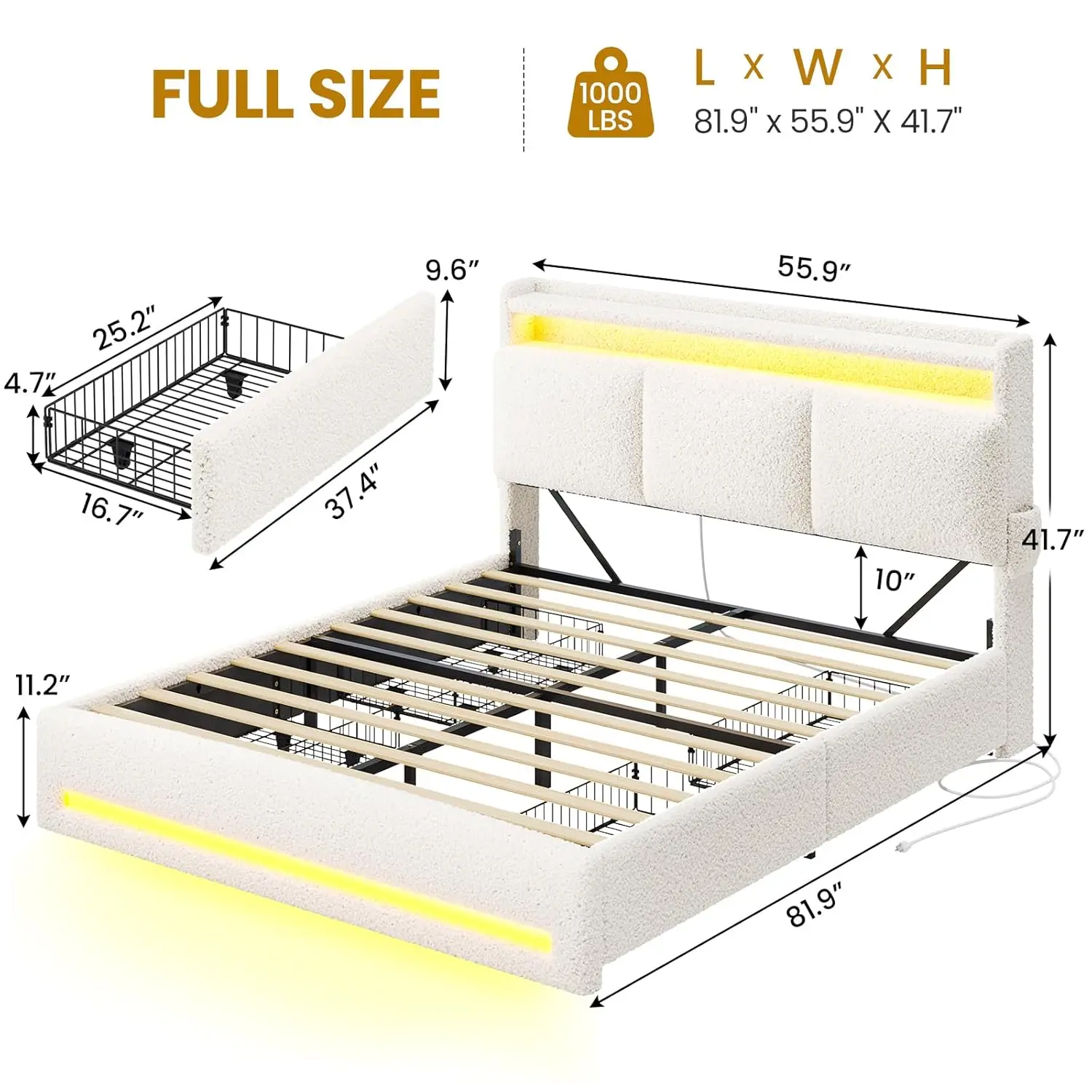 Full Size Bed Frame Storage Headboard Charging Station 4 Drawers LED Lights USB Type C No Box Spring Boucle Upholstered, Customi