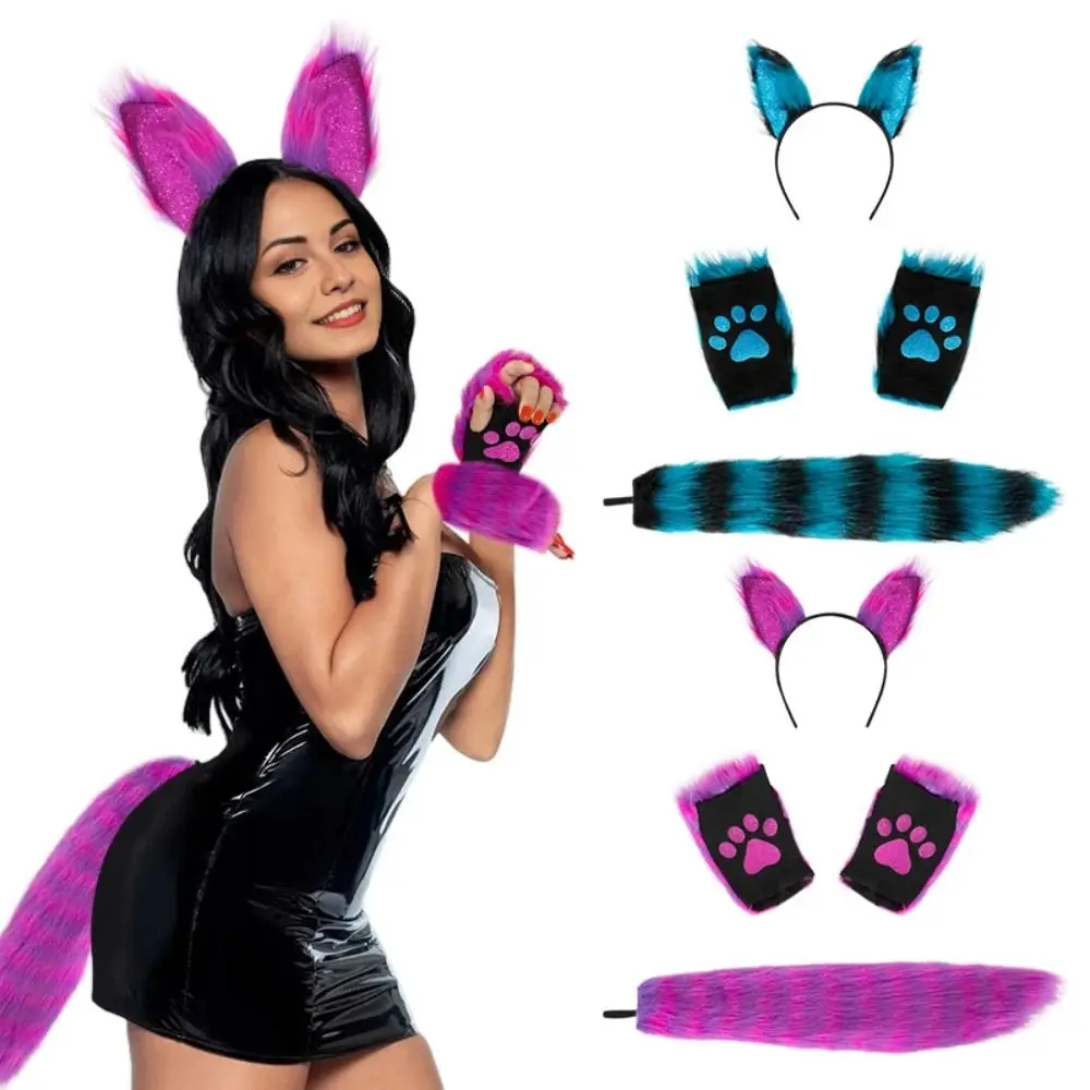 Sweet Cat Woman Cat Ears Headband Set Plush Lolita Cosplay Headwear Tail Costume Halloween Dress Up Party