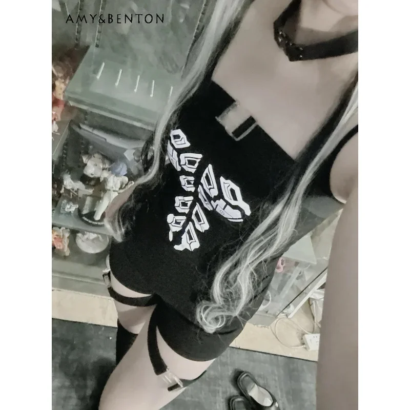 

25COSSubculture Sling Vest Long Sleeve Jacket Two-piece Set Women Gothic Harajuku Printed Vest High Neck Short Mine Jacket Outfi