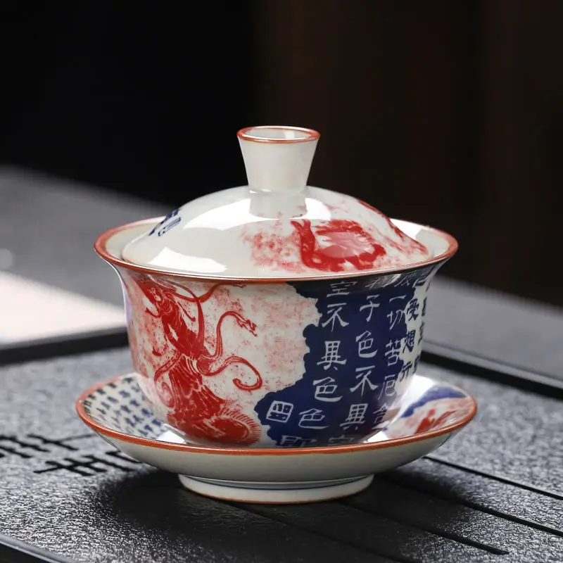 Antique-Style Blue-White Porcelain Gaiwan, Premium Tea Tureen for Solo Kungfu Brewing, Timeless Pattern Enhances Every Session