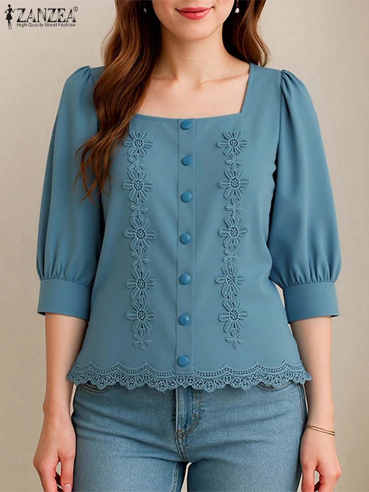 ZANZEA Vrouw Kant Patchwork Blouses Elegante Vierkante Hals 3/4 Bladerdeeg Mouw Casual Blusas Mujer 2025 Herfst Mode Effen Kleur Tops