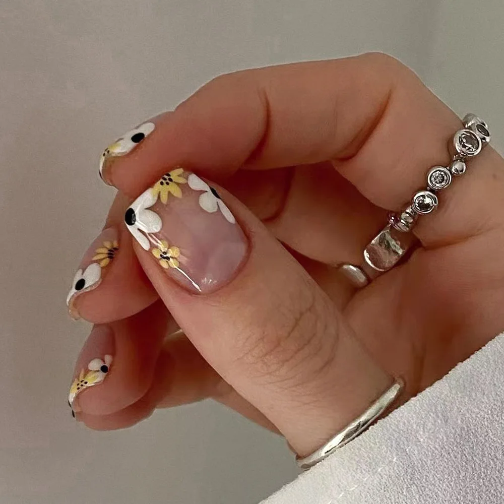 Hand-painted Colored Flowers Nail Art Orange Purple Pure Color False Nail Detachable Finished Fake Nails Press on Nail with Glue