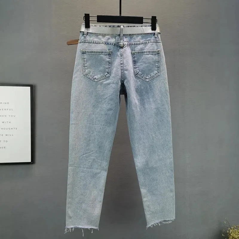 Heavy industry Diamond studded ripped Jeans Women's Street wear 2026 Summer New Loose Nine point Pants Casual Denim Trousers