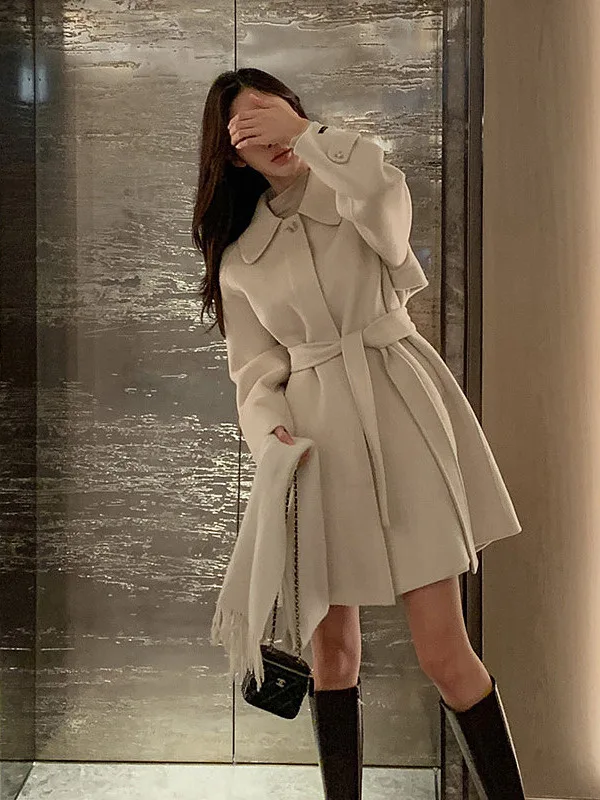 Retro Chic Autumn Winter Woolen Coat Women's Long Sleeve Waist-Cinching Belted Collar Stand Mid-Length Fashion Outerwear