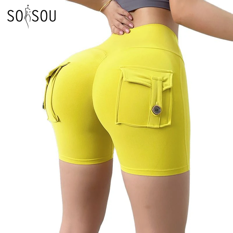 SOISOU Tight Women\'s Shorts Sexy Cycling Shorts Elastic High Waist Shorts Back Pockets Breathable Sport Shorts ropa de mujer