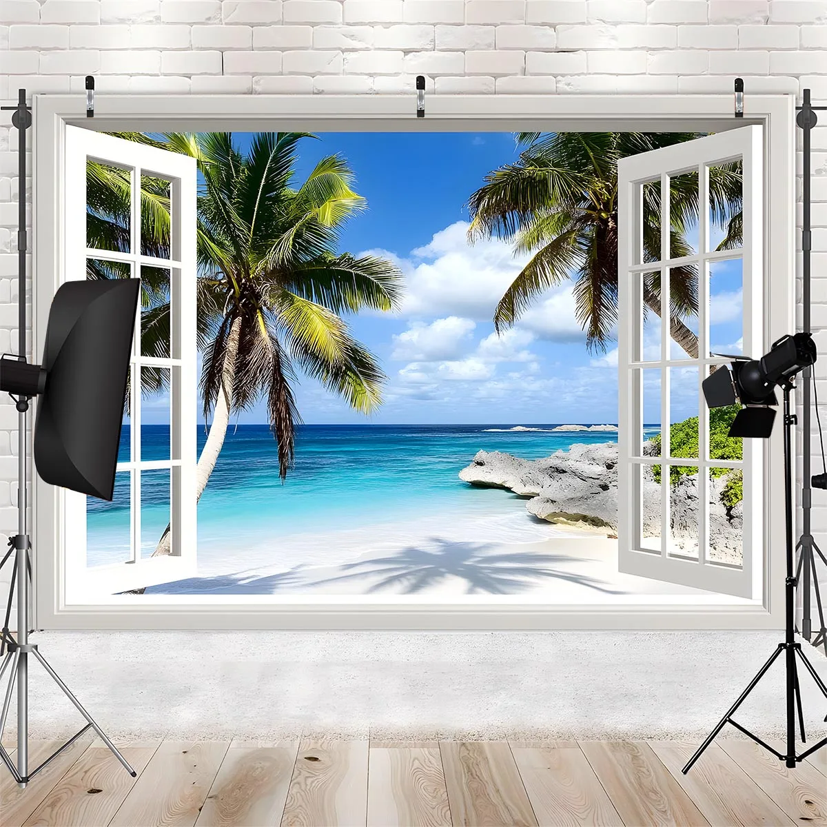 1 tropical beach landscape wall sticker background - easy to hang polyester banner with palm trees and ocean scenes view 5