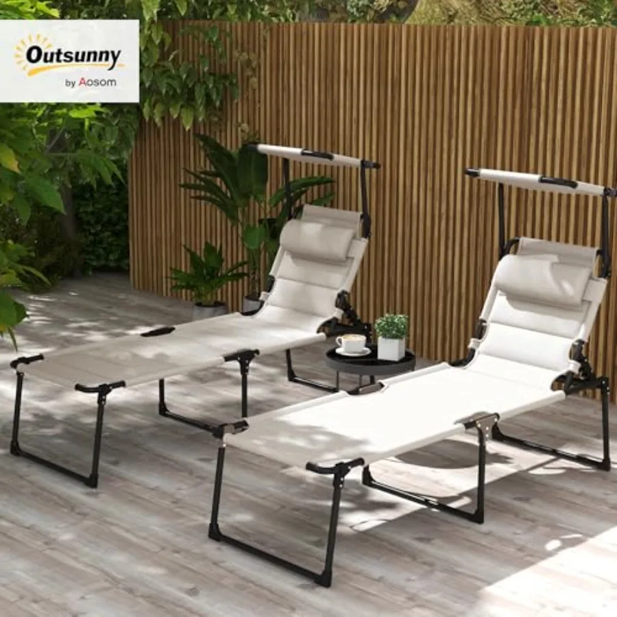 2 Pieces Outdoor Lounge Chair, Adjustable Backrest Folding Chaise Lounge, Cushioned Tanning Chair with Sunshade Roof and Pillow view 2