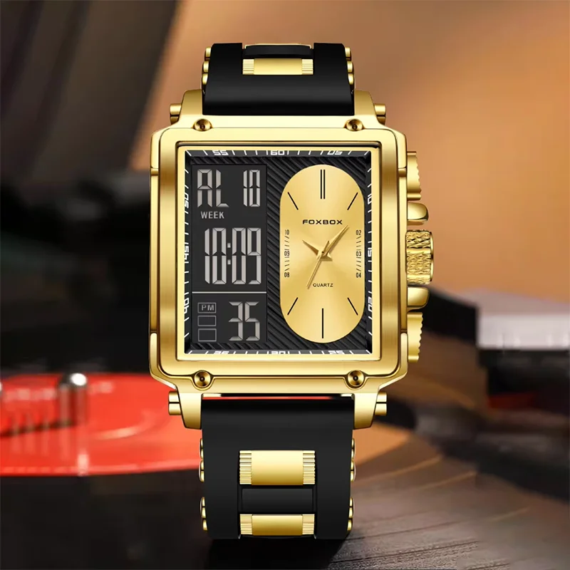 FOXBOX 2026 Men's Watch Casual Style Sports Electronic LED Dual Display Waterproof Quartz Watches For Men Relogios Masculino