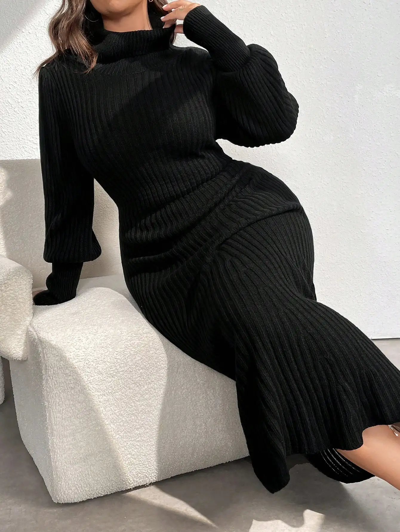 

Black Ribbed High Neck Long Lantern Sleeve Bodycon Maxi Sweater Dress