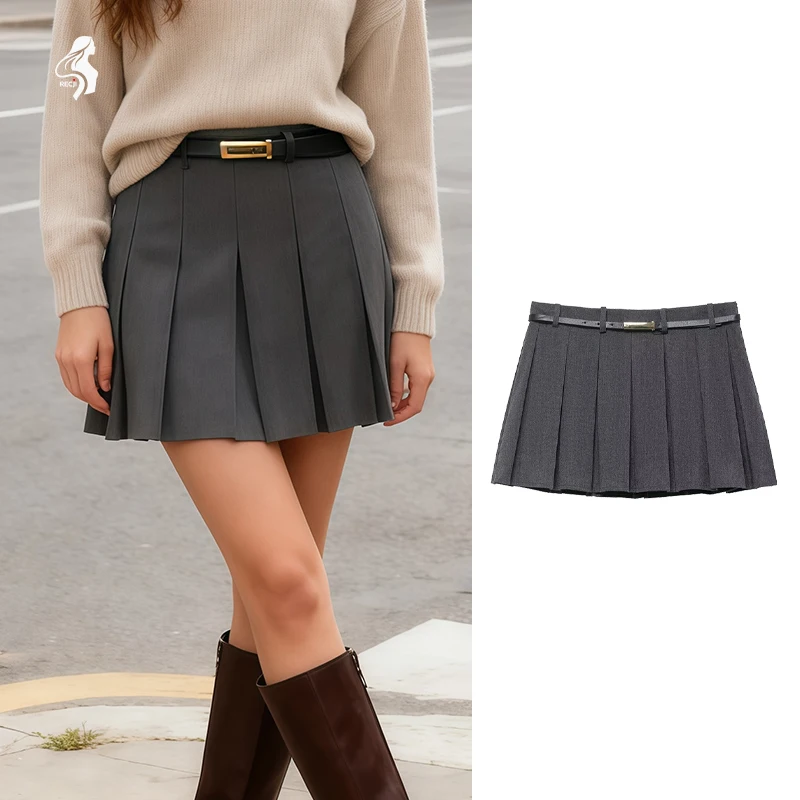 レディース グレー プリーツ ミニスカート ベルト付き - プレッピースタイル ハイウエスト 制服風スカート デイリー＆パーティーウェア