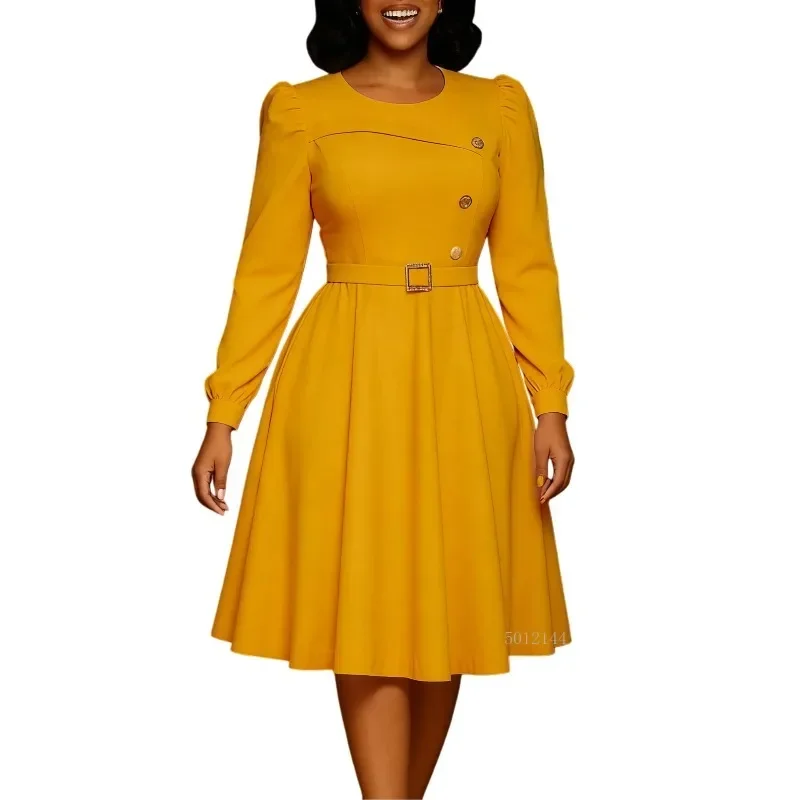 

Элегантное африканское платье миди Дашики с длинными рукавами и круглым вырезом трапециевидной формы для женщин, весенняя модная одежда, наряд S-3XL