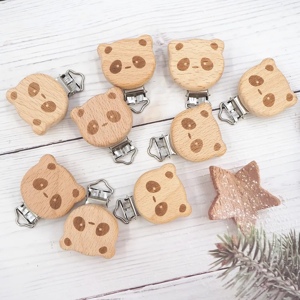 Chenkai 50PCS Panda Wooden Clip Food Grade Beech Wood Dummy Clip for Baby Teething Pacifier Chain Holder DIY Gift Accesories