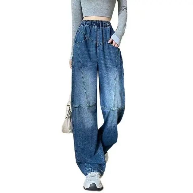 Vintage Mode Stil Frauen Denim Jeans Hohe Taille Tasche Kontrast Farbe Lose Breite Bein Hosen Übergroße Hosen